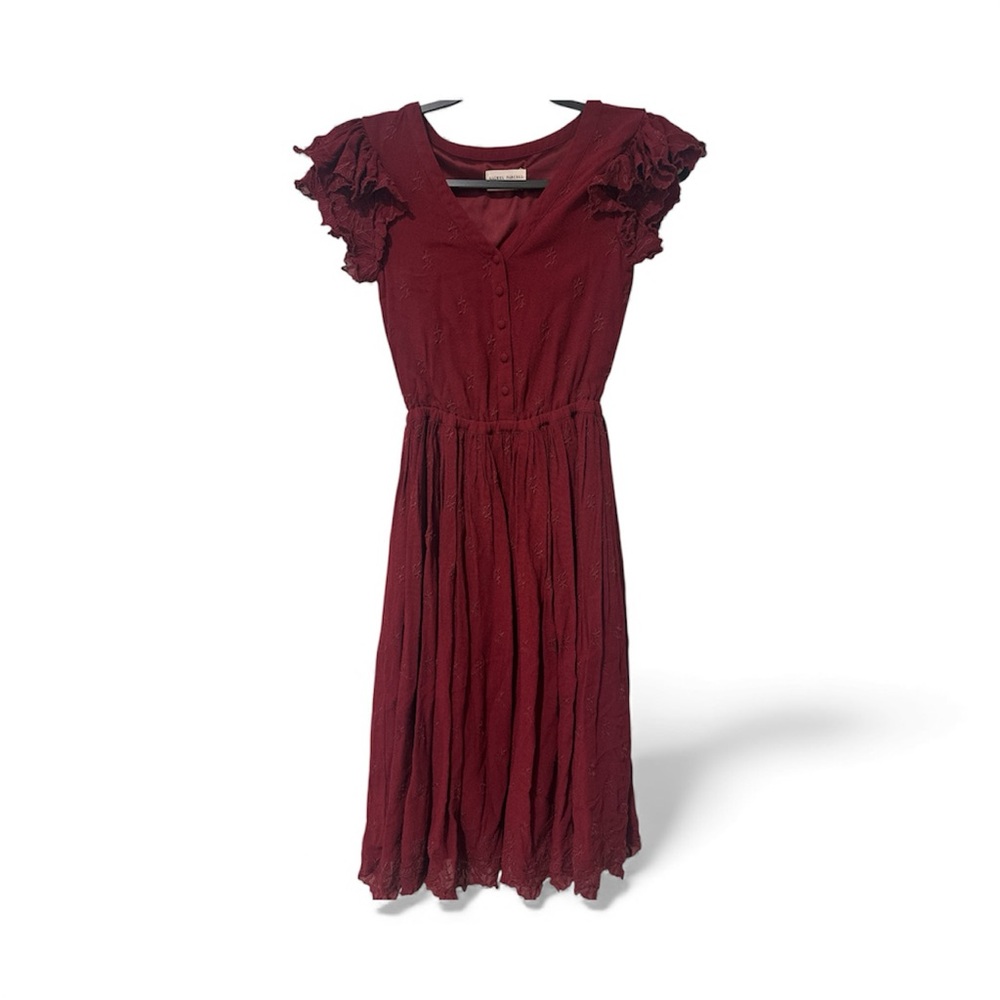 Rachel Parcell Burgundy Midi Dress with Ruffle Sleeves